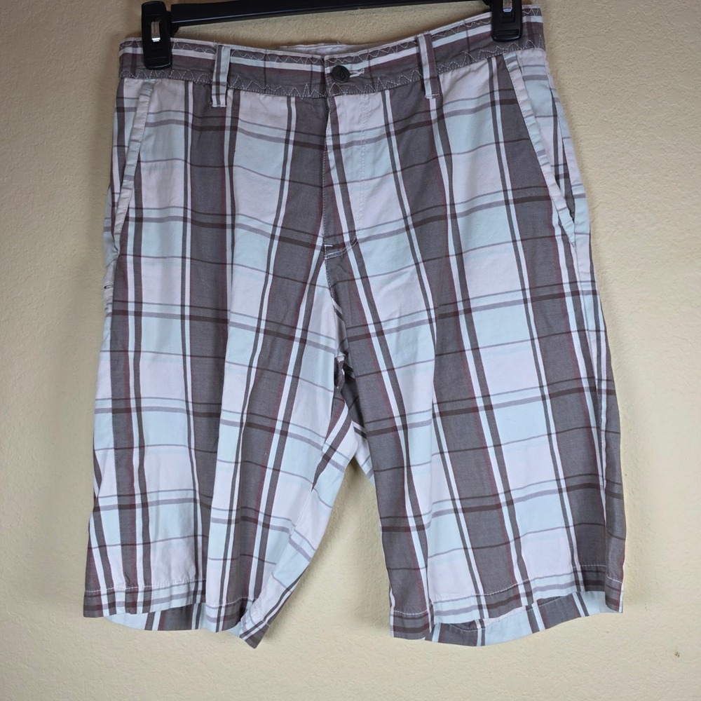 Volcom Stone Corp Class Collection Mens 31 Plaid Shorts Brown Blue Cotton Skate